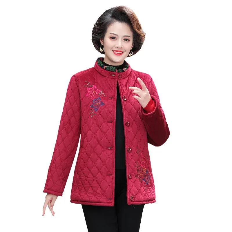 

Middle-aged Women's Parkas Jackets Autumn Winter Plus Velvet Lamb embroidery Coats Cotton Winter Jacket Womens Mama Overcoat