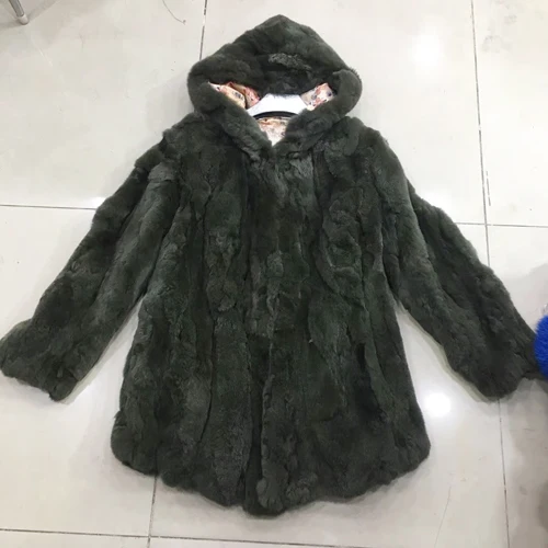 armygreen Новинка, зимняя длинная стильная куртка из натурального меха Рекс, меховой капюшон, женская шуба из кролика Рекс, натуральный мех кролика Рекс, пальто с капюшоном - Color: armygreen