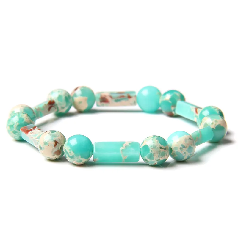 

8 mm Polished Blue Sea Sediment Jaspe Bracelets Men Square Stone Beads Bangle For Women Vintage Stretch Friendship Jewelry