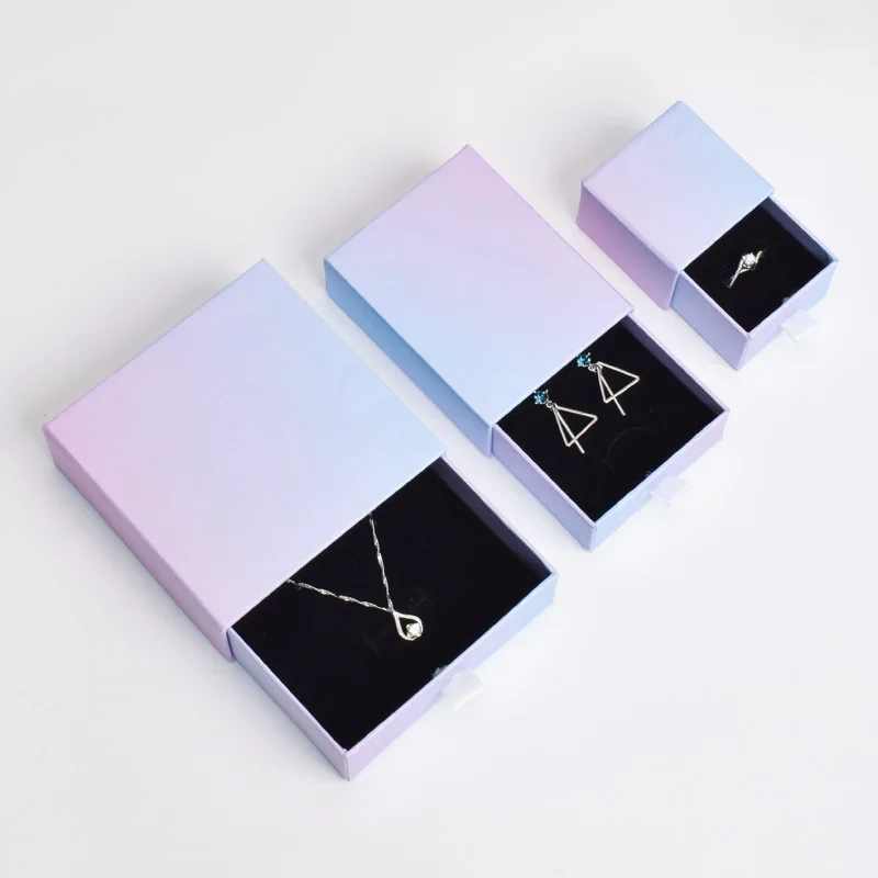 

Fashion jewelry Three Size Fine Jewelry Set Box for Ring Necklace Rectangle Colorful Kraft Cotton Filled Cardboard Paper Boxes