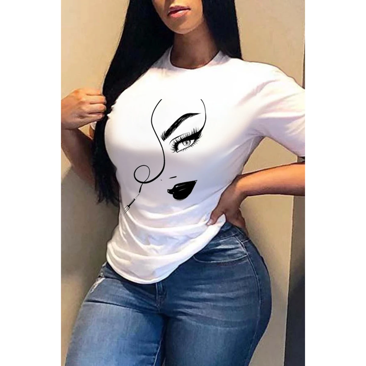 

New T-shirt Personality Printed Tee Female Face Graffi Printing T Shirt Pattern Street Casual Breathable Comfortable