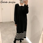 Женское трикотажное платье в полоску, винтажное Черное Платье-Свитер оверсайз с круглым вырезом, Элегантное Длинное платье-свитер в Корейском стиле, осень 2021