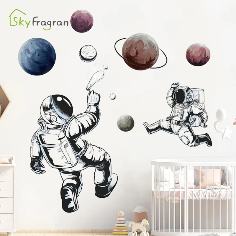 Cartoon Wall Sticker Astronaut Space Planet Boys Bedroom Decoration Living Room Decor Self-adhesive Stickers Home | Дом и сад
