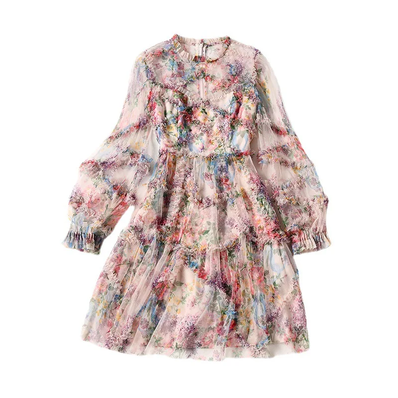 

Spring/summer 2021 long chiffon skirt set small fragrance pink print high-waisted hooded skirt show thin skirt