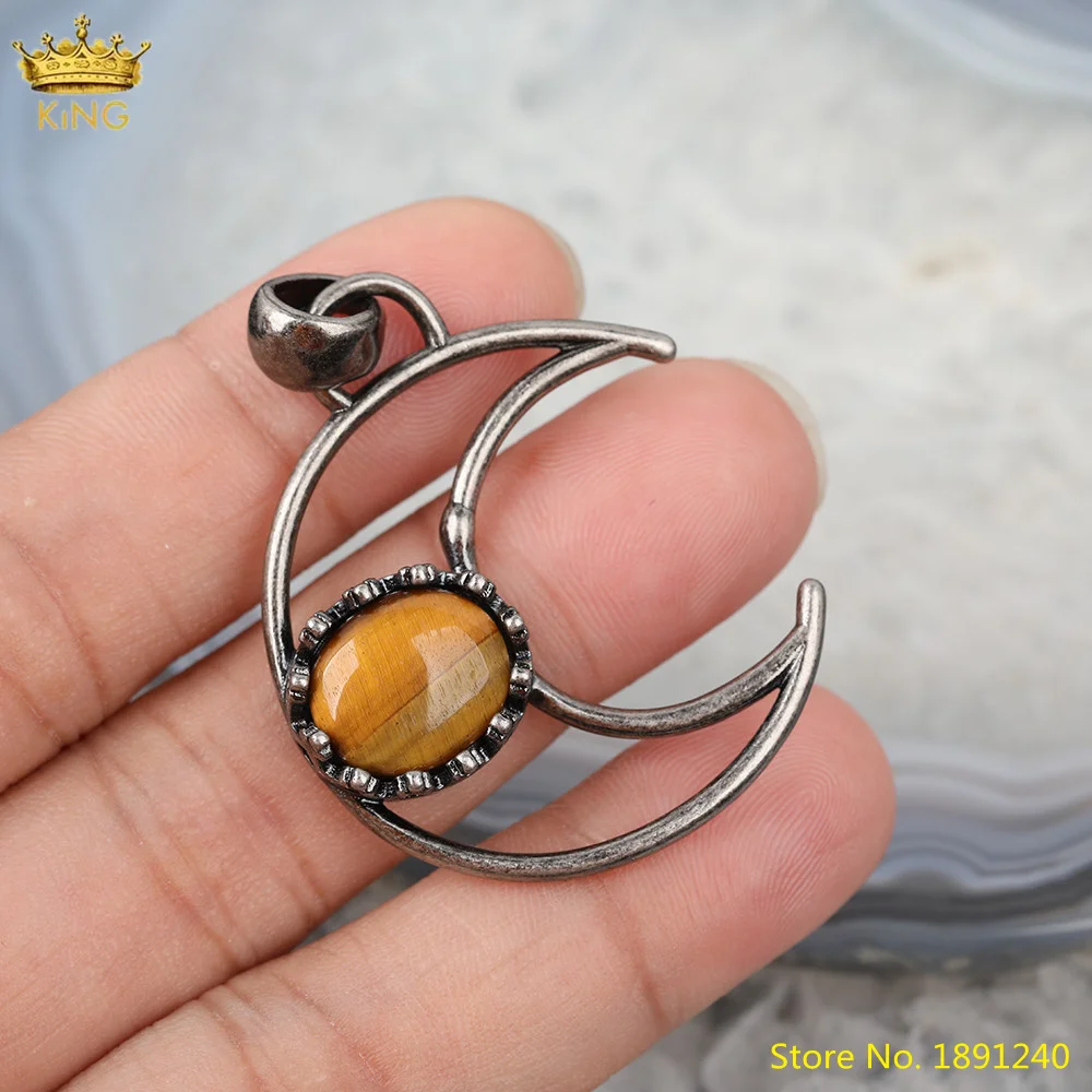 

Natural Quartz Crystal Gemstones Oval Beads Pendant Jewelry,Bronze Crescent Moon Pendant Charms For DIY Jewelry Making