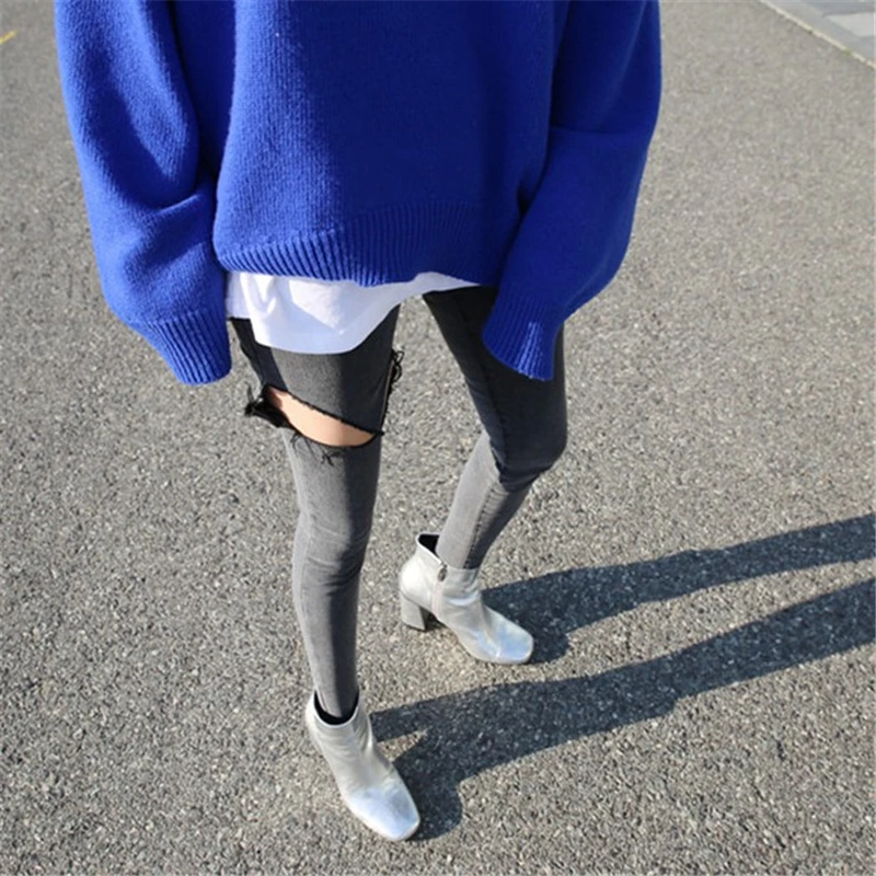 Серые рваные джинсы с высокой талией Женская шикарная Корейская версия