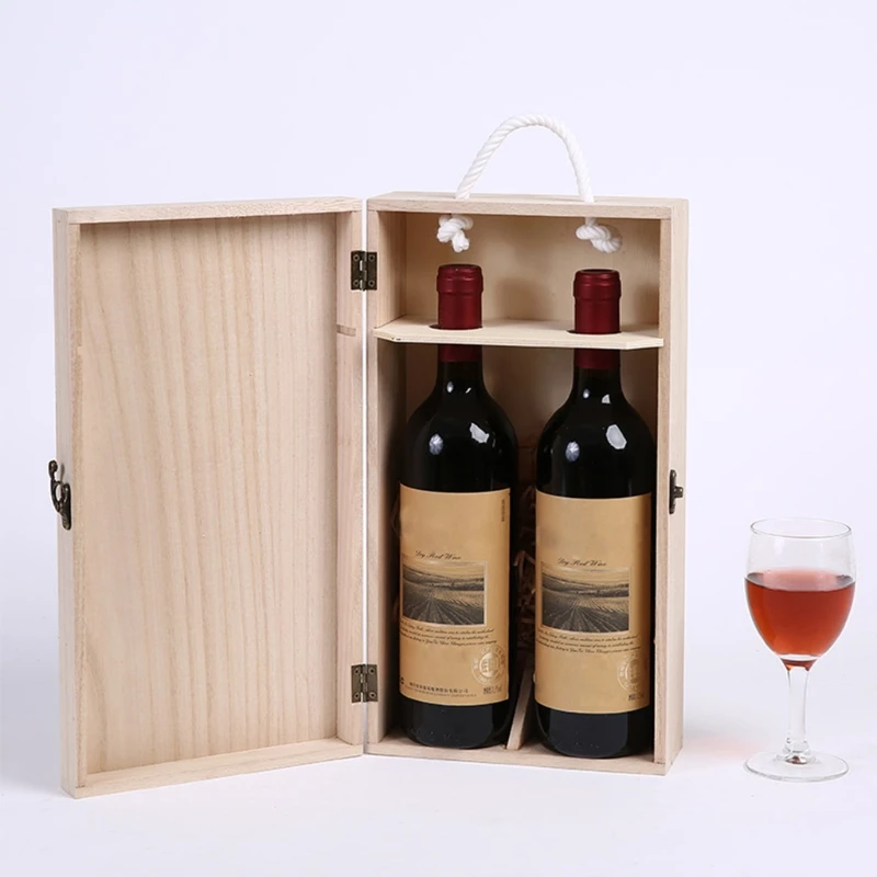 

New High-Quality Manufacturers Pine Wood Red Wine Carrier Gift Packing Box for two bottle Weeding Birthday Banquet