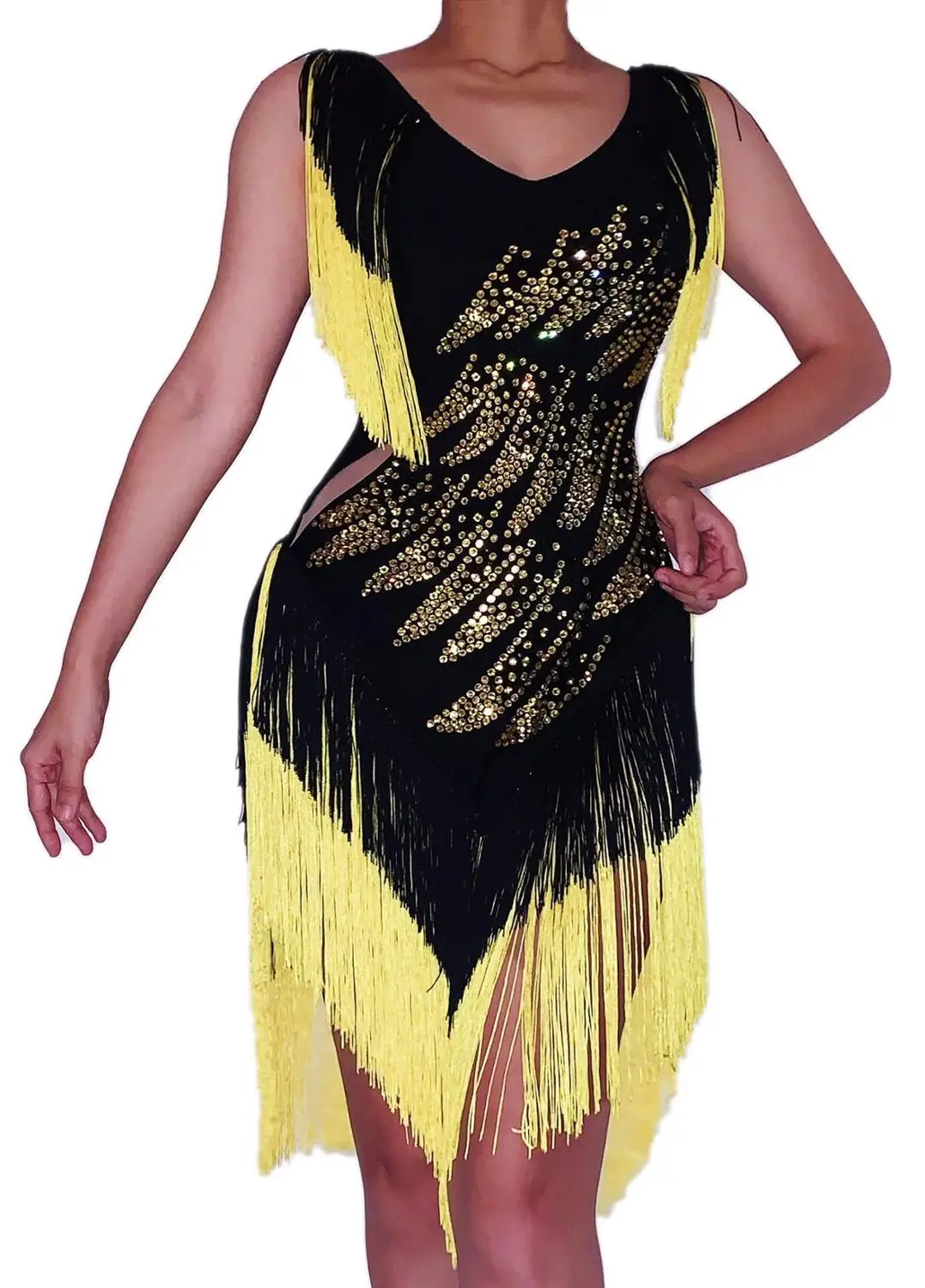 

Gold Stones Beading Fringe Black Dress Birthday Celebrate Sleeveless Outfit Bar Dancer DS Outfit Women Singer Dress