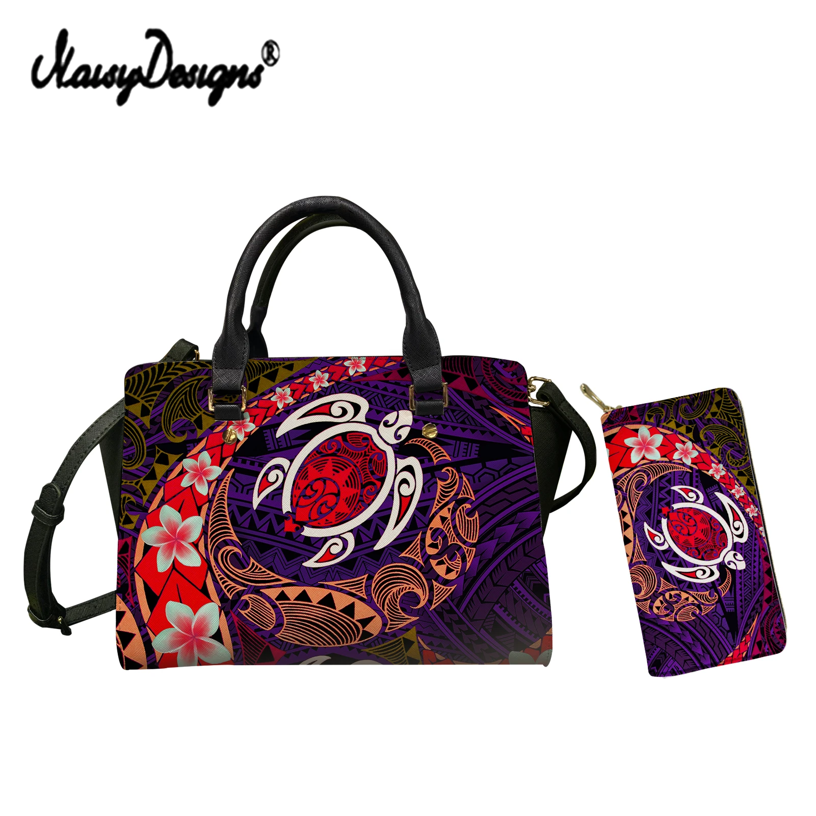 

NOISYDESIGNS Polynesian Plumeria Turtle 3D Pattern Handbags White and Black Design Luxury 2pcs/set PU Shoulder Bag Messenger Bag