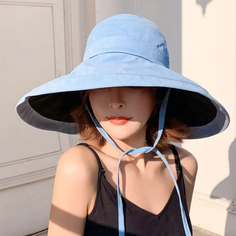 

Women Sun Hat Fashionable Super Wide Brim Fold Bucket Cap Fedoras Beach Wedding Summer Solid Color Floppy Sun Hats +Rope