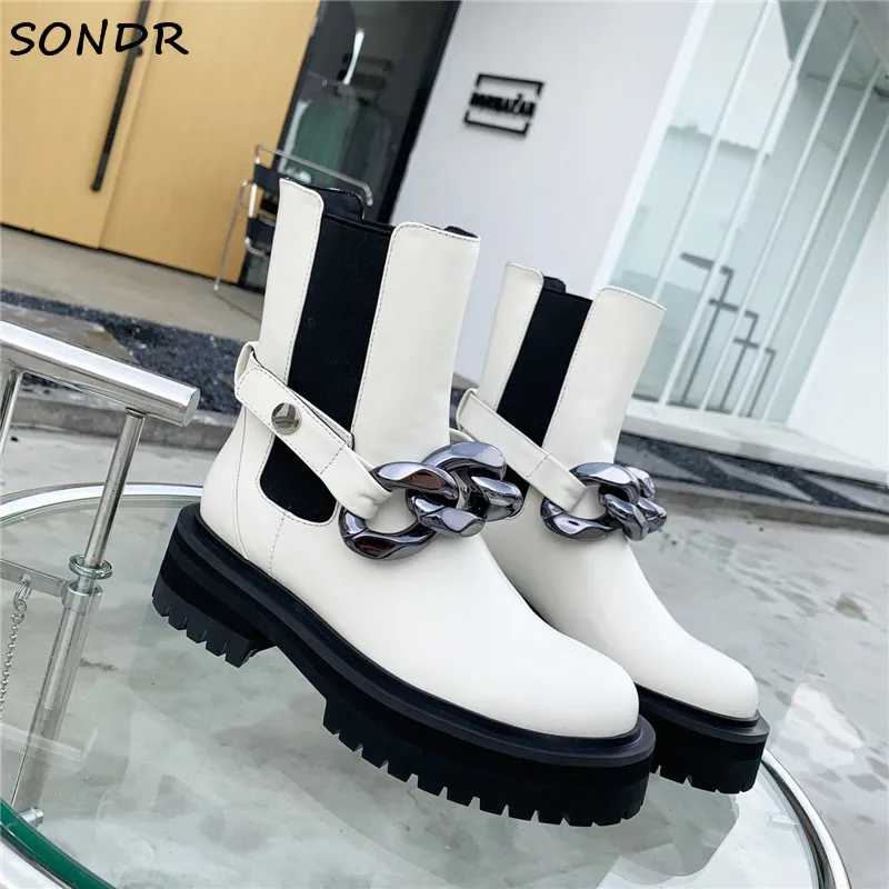 

New Arrive Metal Chain Decor Ankle Boots Women Brand Genuine Learher Round Toe Chelsea Boots Runway Designer Martin Boots 2021