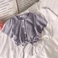 woman button cardigan shirt blouse 2021 summer retro square neck chiffon shirt purple drawstring short sleeve lace up crop top