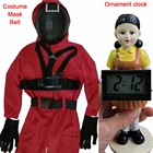 Костюм сквидной игры, детский красный комбинезон с будильником и круглой шестью масками вечерние вечеринки, карнавала, косплея, одежда для мужчин, женщин и детей