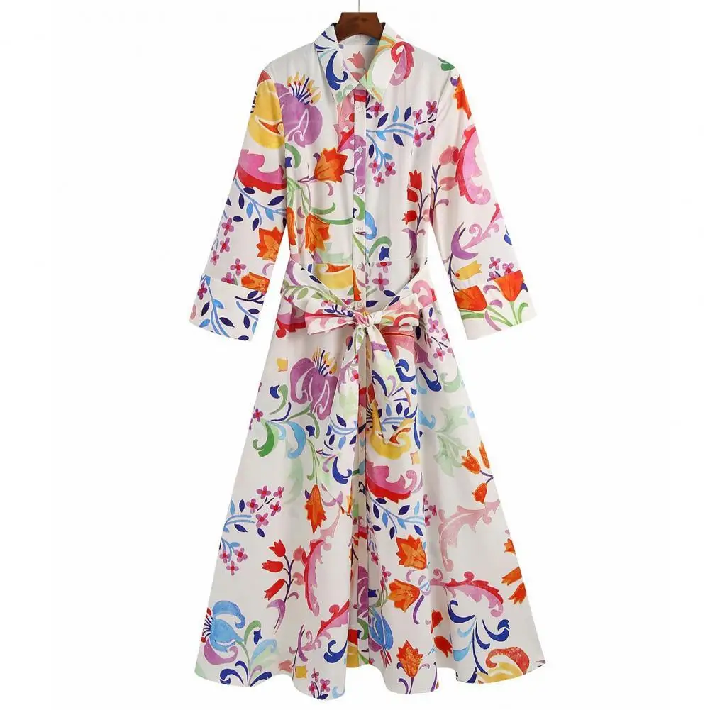 

2021 Women Vintage Totem Floral Print Bow Sashes Midi Shirt Dress Female Chic Three Quarter Sleeve Casual Slim Dress Vestidos