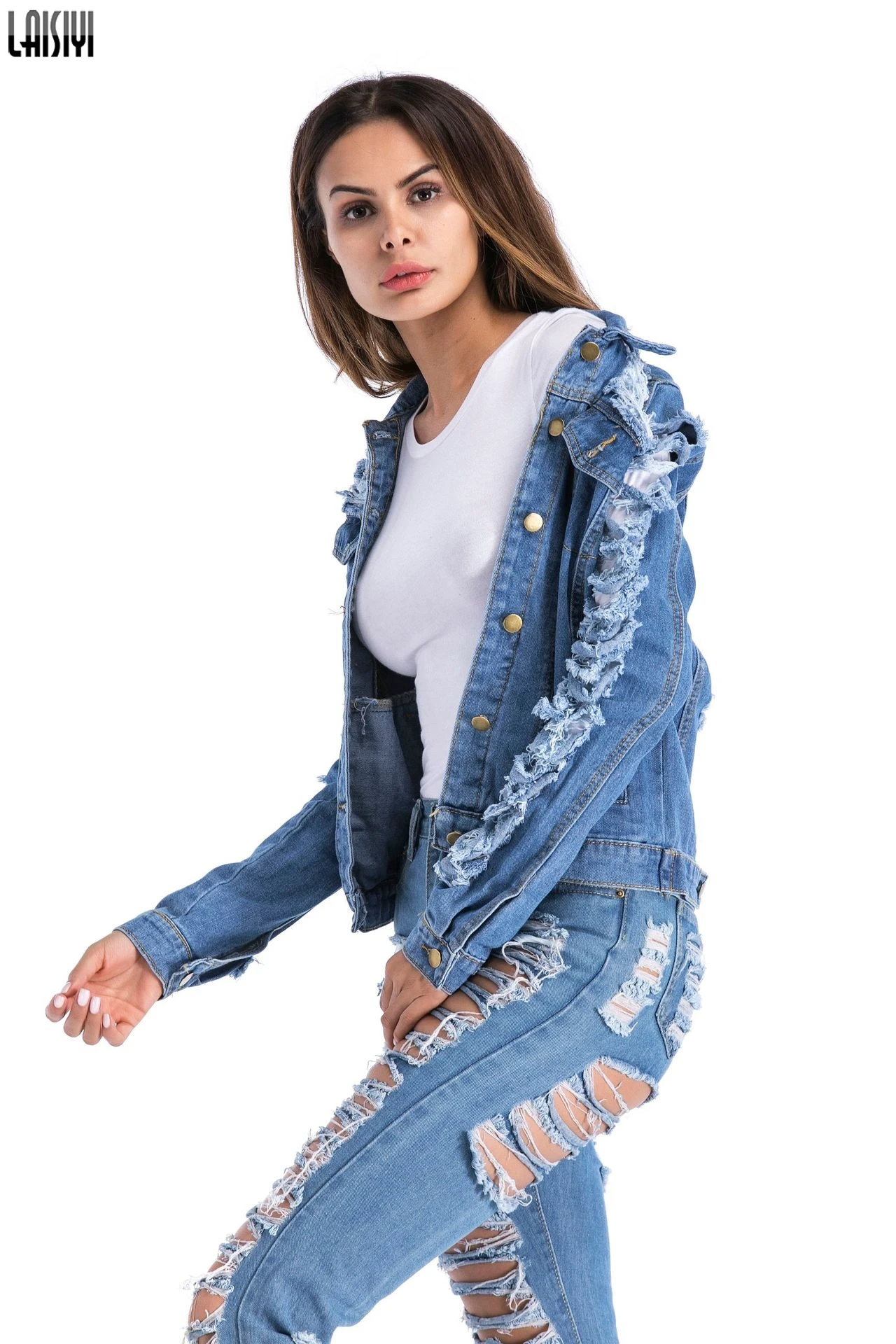 

LAISIYI Autumn Winter New Blue Denim Coats 2019 Women Long Sleeve Short Jacket Hollow Out Patchwork Jackets Femme ASCO20346