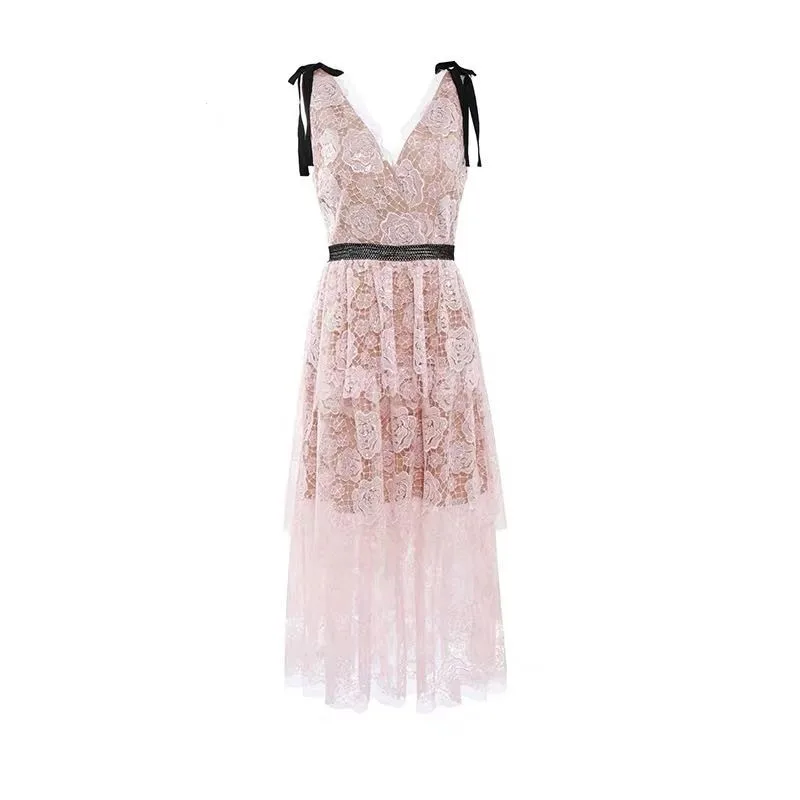 

2021 New High Quality Lace Women Dress Pink Sequined Floral Embroidery Square Collar Short Sleeve Layers Ruffles Midi Dresses
