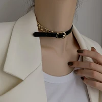 gold necklace womens black leather short button necklace black belt metal chain stitching necklace womens party jewelry