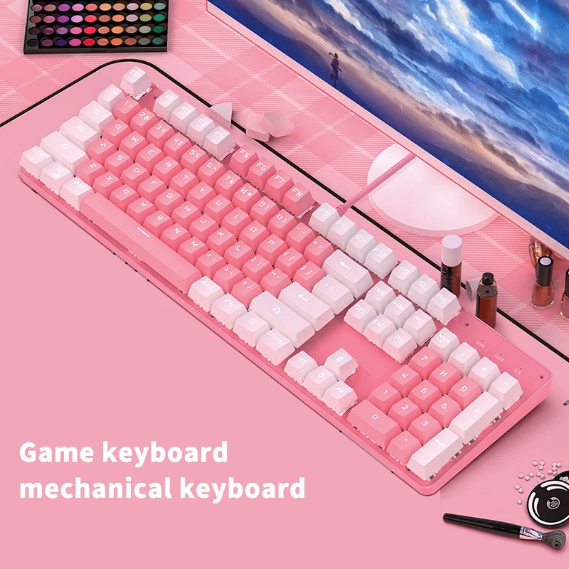 

Pink Keyboard Mouse Earphone Sets for PC 104 Keycaps Mechanical Keybaord with 3200DPI Macro Mouse and Noise Reduction Earphone