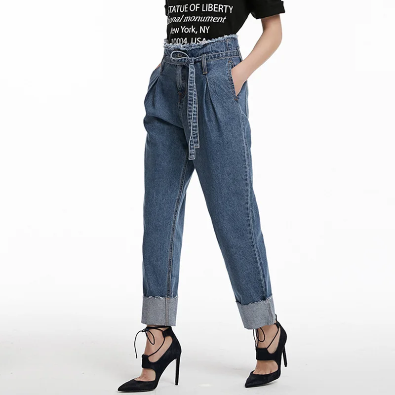 

2021 Spring New Fashion And Comfortable Cuffed Denim Straight Leg Pants Female Raw Edge Lace-Up Temperament Denim Trousers