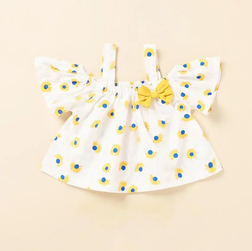 

Summer Baby Clothing Set Girls Short-sleeved and Shorts Set Sweet Sunflower Boat Neck T-shirt and Solid Color Short Pants