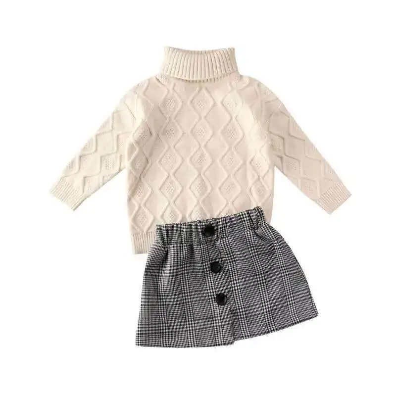 

Girls Outfits 2020 Winter Clothes for Girls White Highcollar Sweater + plaid Skirt Baby Girl 2pcs Sets Girls Clothes E39249