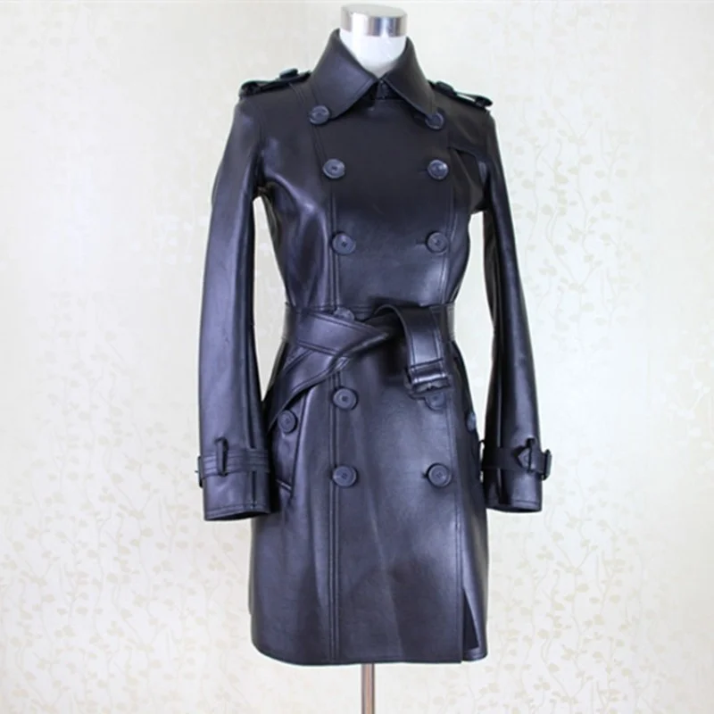 

100% royal lambskin leather female windbreakers double breasted lady in the middle office long stylish jacket fine black women's