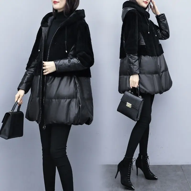 Casual Black Parkas Women Fashion Winter Patchwork PU Leather Coats Women Elegant Long Cotton Jackets Female Ladies