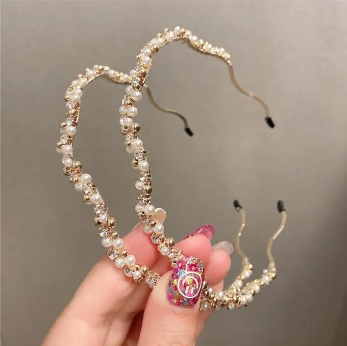 

Fairy Korea elegant temperament pearl rhinestone hairbands pressure hair super fairy golden beads hairband