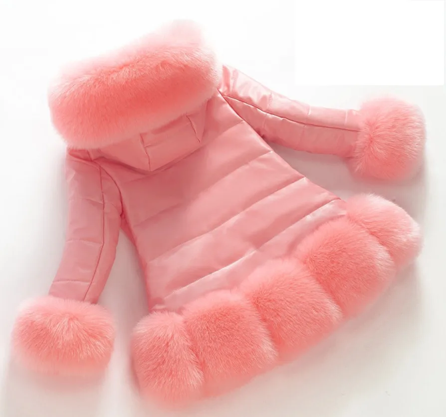 Pink Детская куртка из искусственной кожи в стиле пэчворк с воротником из искусственного меха для девочек пуховые парки Утепленная зимняя верхняя одежда принцессы пальто с мехом 7 цветов - Color: Pink