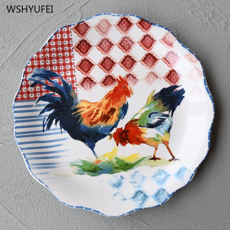 Idyllic стиль ручная роспись петух керамическая тарелка западные столовые приборы