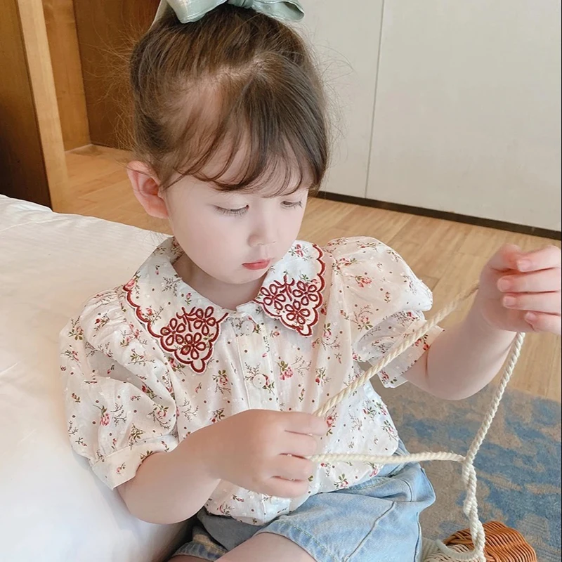 

Toddler Kid Girls ClothesShort Sleeve Embroidery Shirt Children Summer Fashion Button Up Blouse Turn Down Collar Vacation Shirt