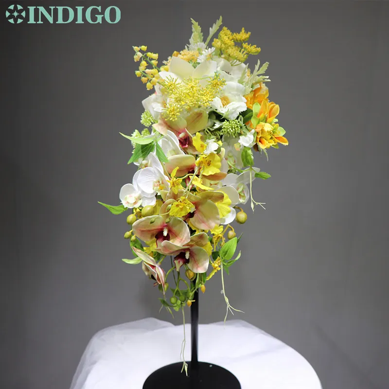 

INDIGO Designed - Water-Drop Shape Orchid Bouquet Bride Wedding Holding Yellow daisy Flower Arrangement Cymbidium Free Shipping
