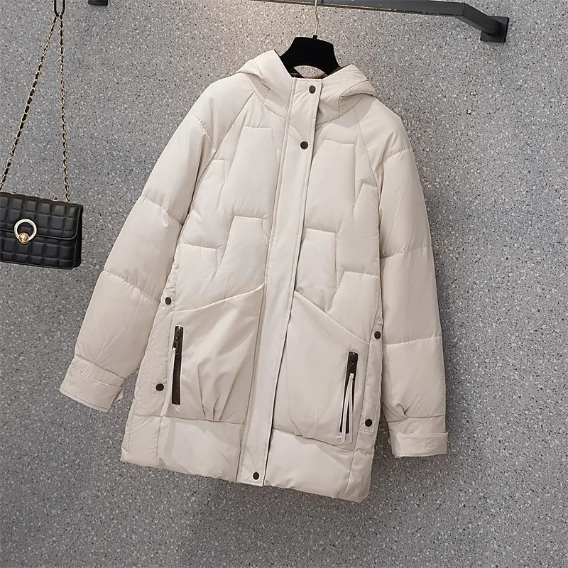 Модное женское зимнее пальто 2021, длинная парка с капюшоном, Женская свободная теплая верхняя одежда средней длины на молнии с карманами, пал...