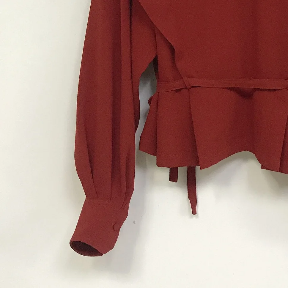 

2020 Autumn and Spring New Retro Waist Side Tie Lapel All-match Shirt Women Round Neck Long Sleeve Blouses & Shirts