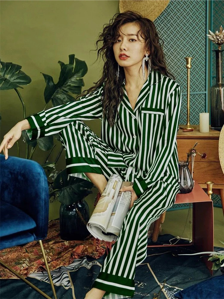 

2020 Women's 2 Pieces Pajamas Sets Silk Striped Pyjama Women Sleepwear Sets Spring Autumn Homewear Nightwear Gift Home Clothes