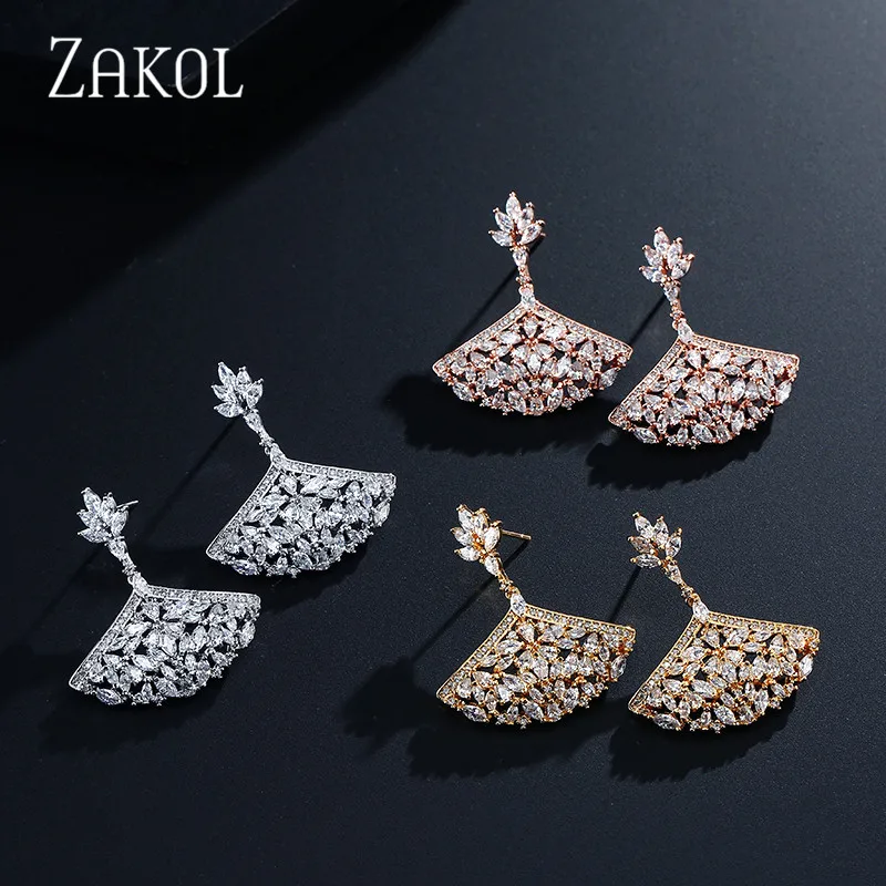 ZAKOL новые элегантные роскошные большие серьги с фианитами с креплением микро-ПАВЕ, хрустальные люстры-вентиляторы Форма серьги в виде капель для Для женщин свадебные Brincos, можно носить с FSEP2069