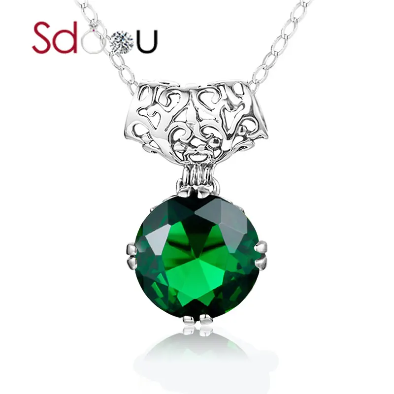 

SDOOU Silver Pendant Necklace For Women Silver 925 Sterling Pendant Round Cut Gemstone Classic Emerald Wedding Fine Jewelry Gift