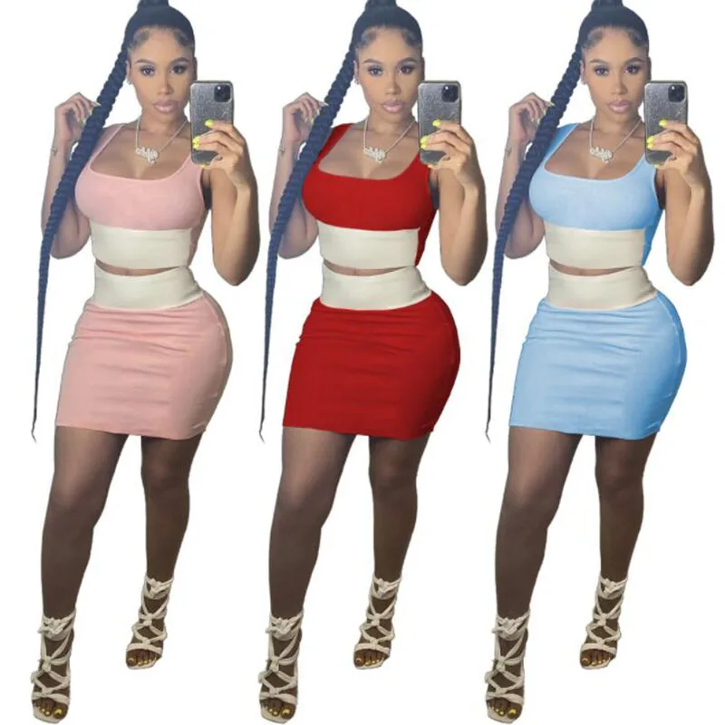 

ZKYZWX Sexy Two Piece Club Outfits for Women Summer Clothing Patchwork Crop Top Bodycon Mini Dress Night Party Matching Sets