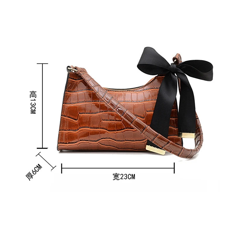 

Crocodile Pattern Baguette Bags MINI PU Leather Shoulder Bags for Women Bow Ribbon Design Luxury Handbag Female Clutch Purse