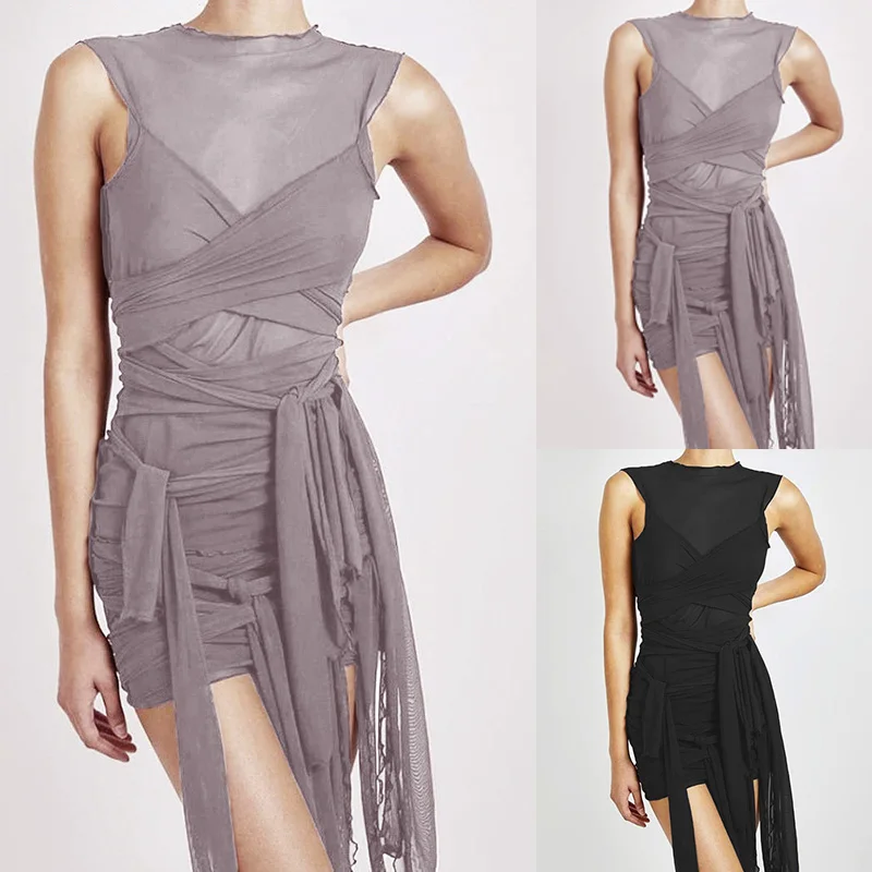 

Ribbons Mesh See Through Party Dresses Women Sexy Clubwear Mini Dress Solid Sleeveless Outfits