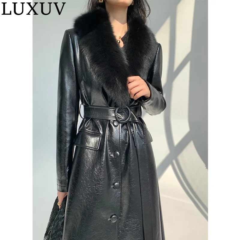 LUXUV Imitation Leather Jacket Women Mink Overcoat Fox Fur Long Cropped Design Chic Coat Clothing Warm Faux Outfit Trench Parka