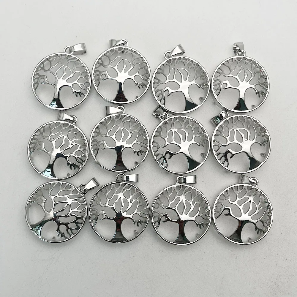 

Fashion 27MM Tree of Life Metal shell 24pc Wisdom Chakra Reiki Natural Stone Pendant for Jewelry making Necklace accessorie