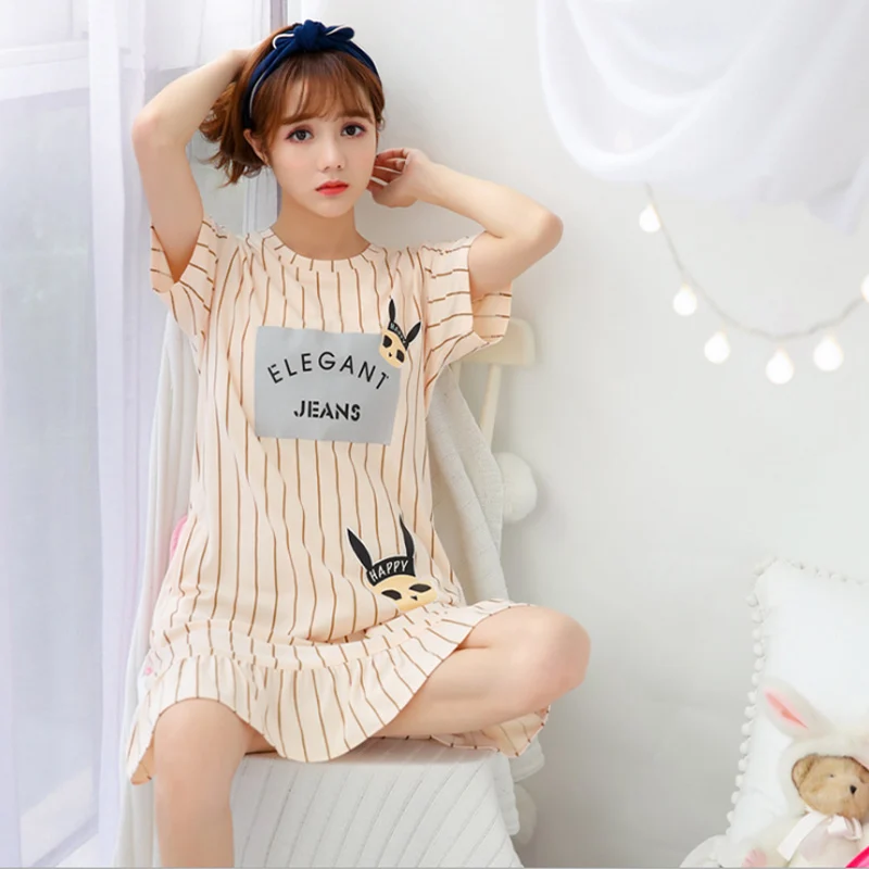 

Summer cotton women's short-sleeved nightdress thin section ladies removable chest pad home service cartoon cute skirt