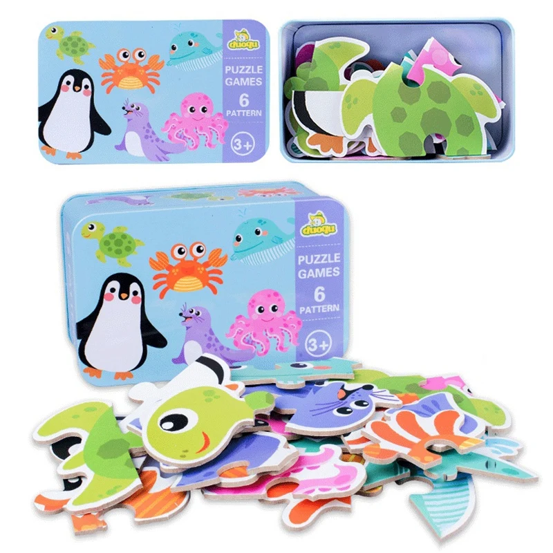 

Kids Creative Wooden Puzzle Iron Box Kindergarten Baby Early Education Cartoon Cognitive Interactive Game