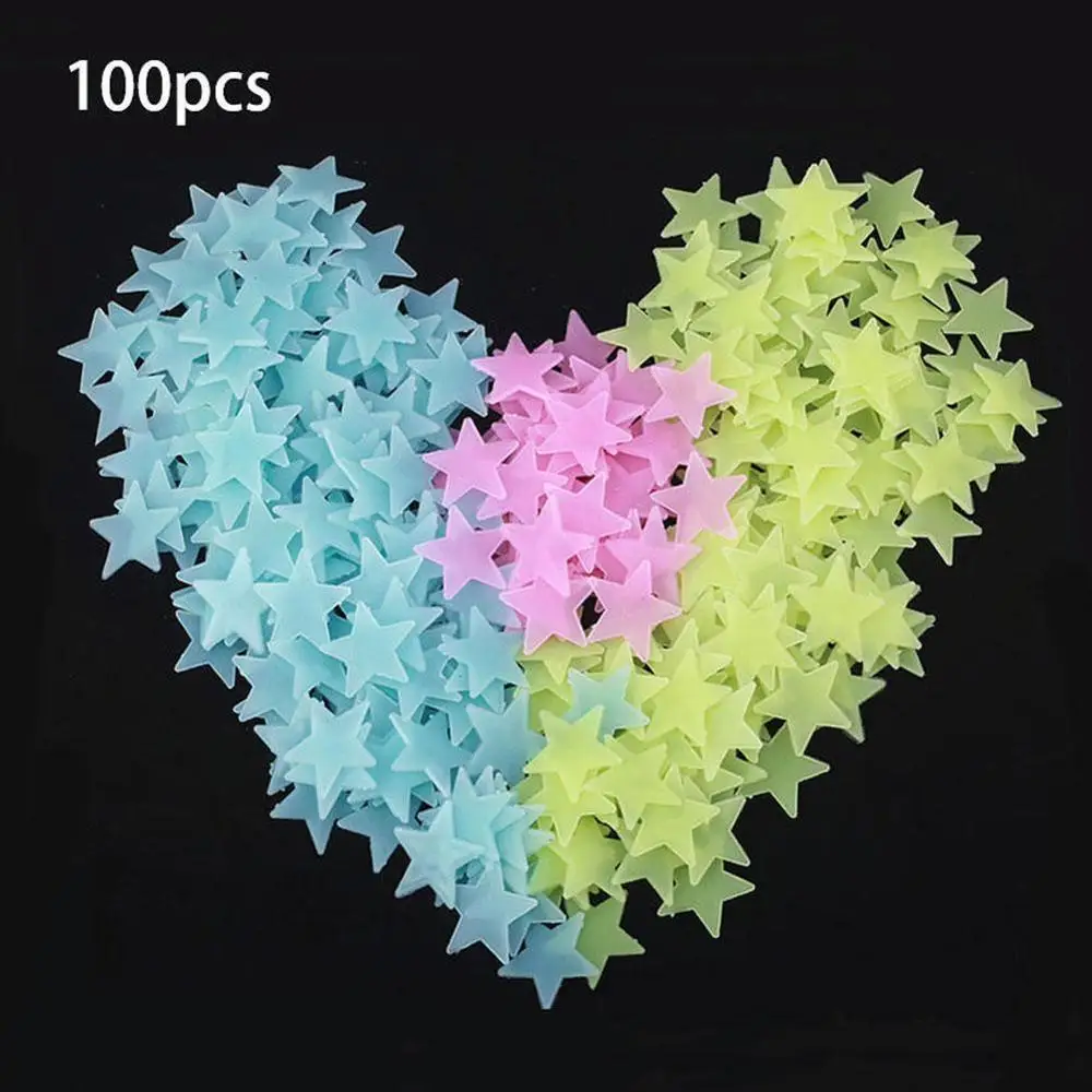 

New Hot 100pcs 3d Stars Sticker Fluorescent Glow In Kids Stickers Dark Decor The Home Luminous Fluorescent Plastic Wall U2H9