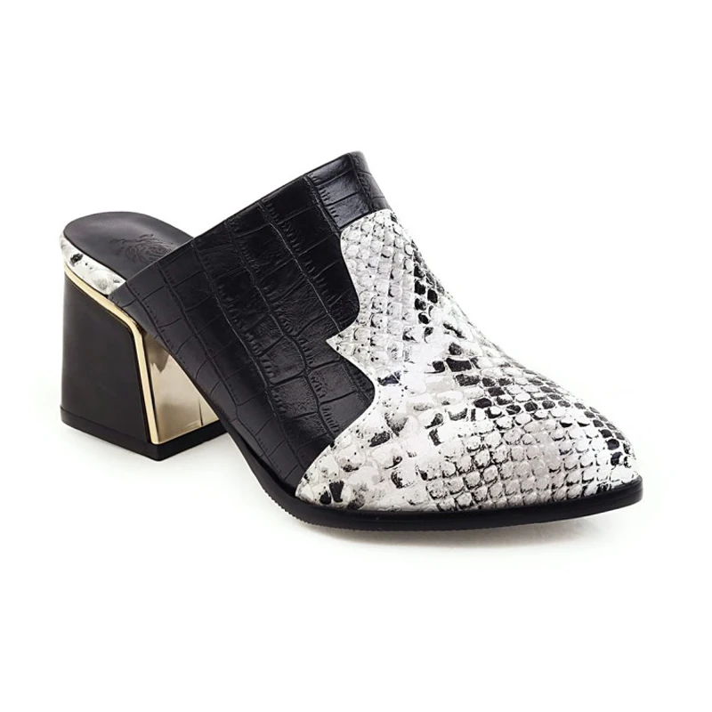 

New 2021 Pointed Toe Summer Mules Slippers Shoes Women Snake Leather Flip Flops Thick Heel Western Slippers Sandalia Feminina