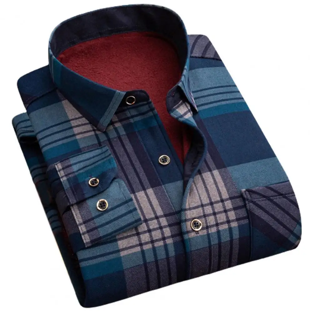 

Men Shirt Plaid Thicken Warm Lapel Formal Shirt for Daily Wear