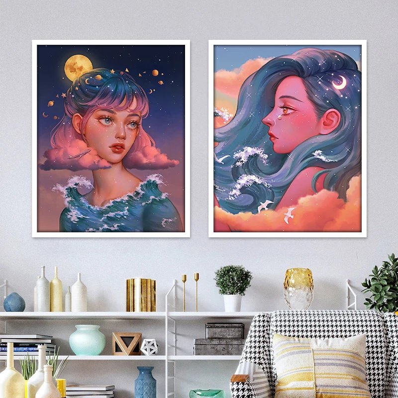 Аниме плакаты Солнце Луна Туманность девушка персонаж иллюстрация плакат холст