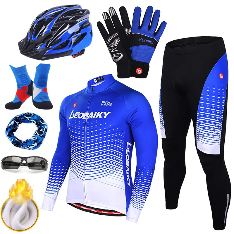 full set blue2 Профессиональный командный набор Джерси для велоспорта, Мужская одежда для велоспорта, зимняя теплая одежда для велоспорта с длинным рукавом, одежда для велоспорта, мужская спортивная одежда для фитнеса - Цвет: full set blue2