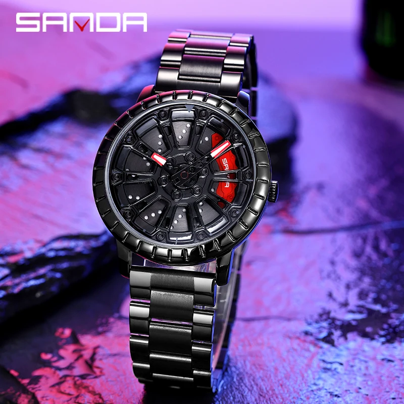

SANDA Men Trend Car Rim Hub Watch Custom Design Car Quartz Wristwatch Waterproof Steel grid Wheel Rim Rotating Dial Relogio